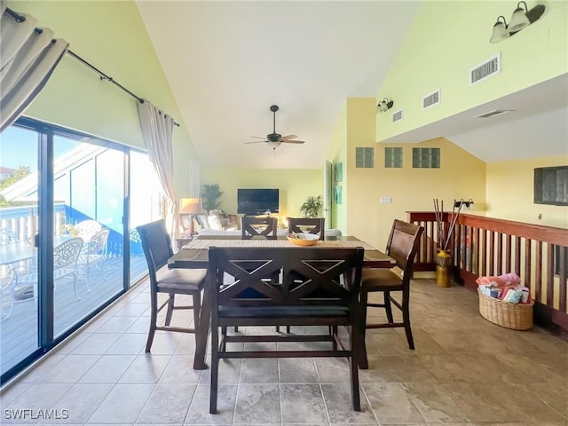 564 Coral Cir, Captiva, FL 33924 - dining room with high vaulted ceiling and ceiling fan