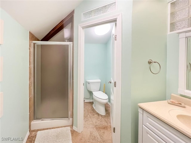 564 Coral Cir, Captiva, FL 33924 - bathroom with vanity, a stall shower, and lofted ceiling