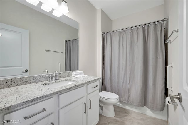 full bathroom featuring tile patterned flooring, vanity, shower / bath combination with curtain, and toilet