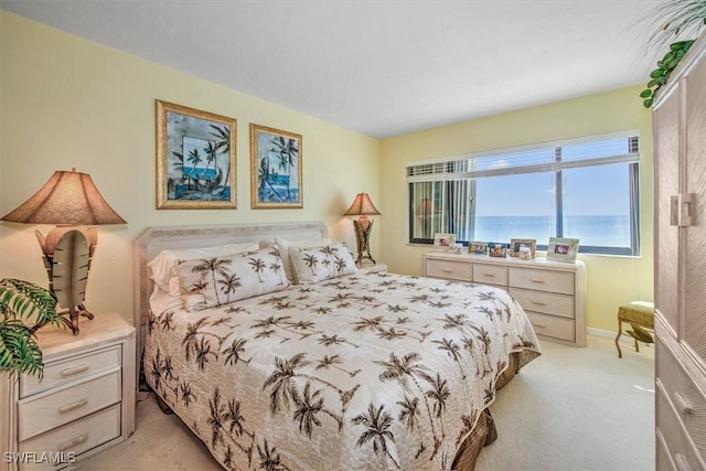 carpeted bedroom with a water view