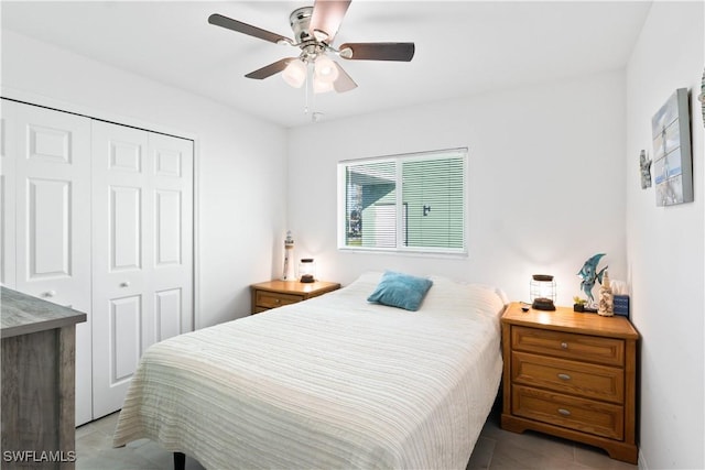 bedroom with ceiling fan and a closet