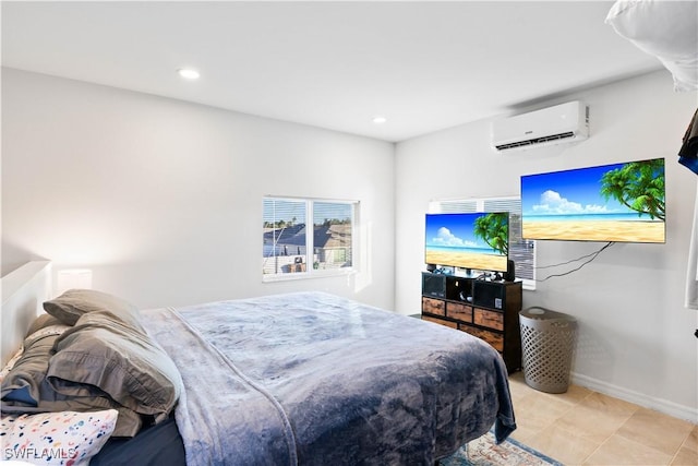 tiled bedroom featuring an AC wall unit