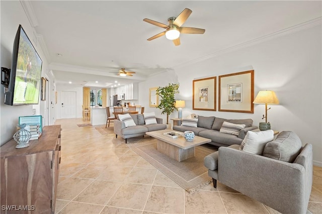 tiled living room featuring ceiling fan and ornamental molding