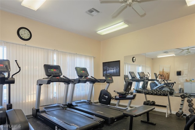 gym with ceiling fan and a healthy amount of sunlight