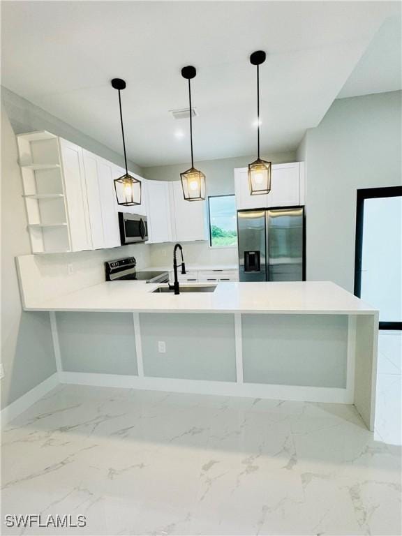 kitchen featuring pendant lighting, white cabinets, sink, kitchen peninsula, and stainless steel appliances