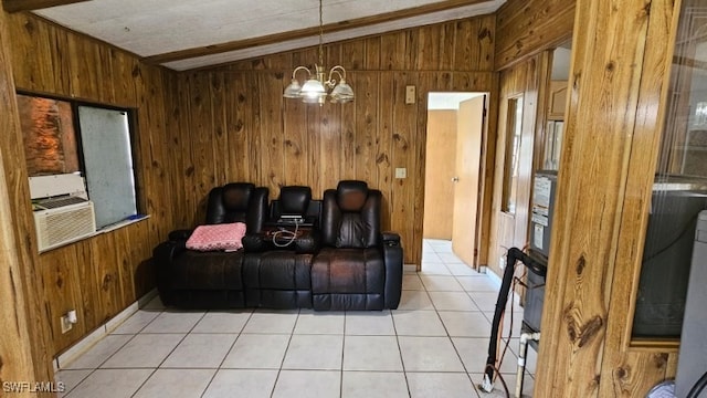 living room featuring vaulted ceiling with beams, light tile patterned flooring, wooden walls, and a chandelier