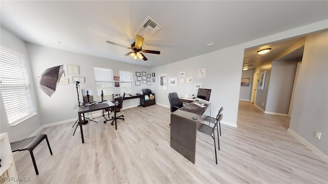 office featuring ceiling fan and light hardwood / wood-style flooring