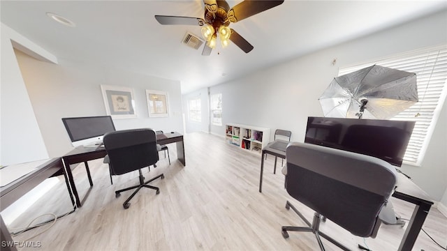 office featuring ceiling fan and light hardwood / wood-style flooring