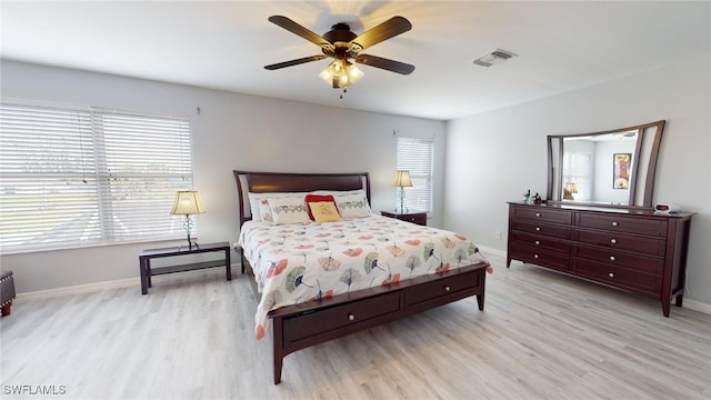 bedroom featuring ceiling fan and light wood-type flooring