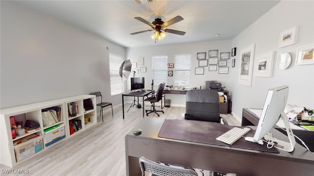 office area with ceiling fan and light hardwood / wood-style floors