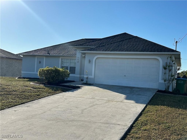 ranch-style house with a front lawn and a garage