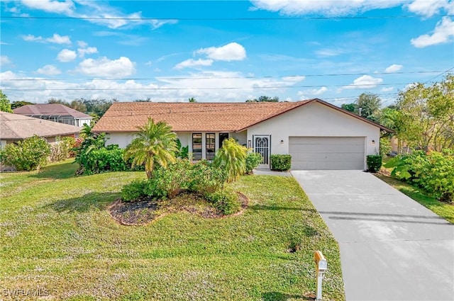 single story home featuring a front yard and a garage