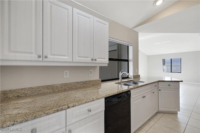 kitchen with white cabinets, sink, kitchen peninsula, and black dishwasher