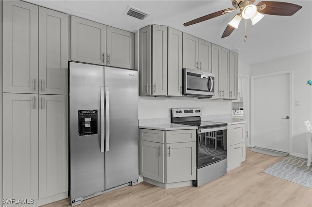 kitchen featuring stainless steel appliances, gray cabinets, ceiling fan, and light hardwood / wood-style floors