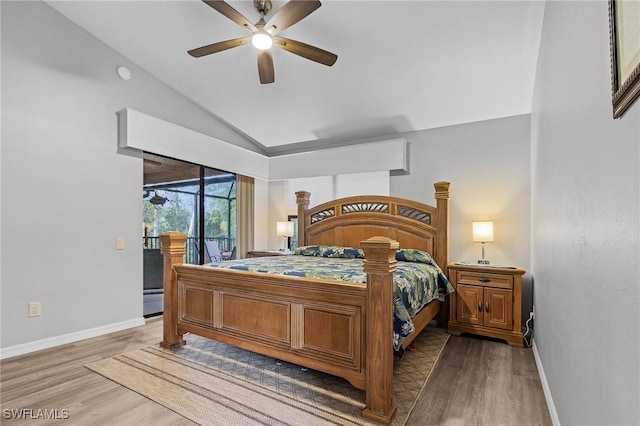 bedroom with access to exterior, wood-type flooring, ceiling fan, and lofted ceiling