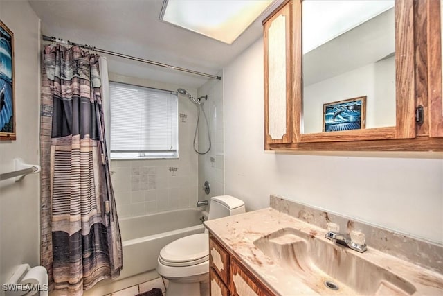 bathroom featuring radiator, shower / bathtub combination with curtain, toilet, and vanity