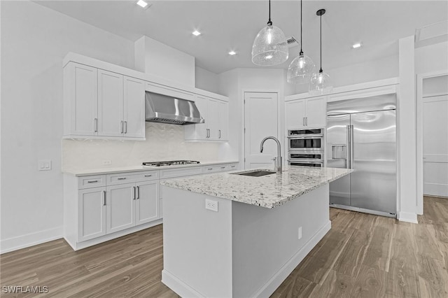 kitchen with wall chimney range hood, white cabinets, wood finished floors, a sink, and stainless steel appliances