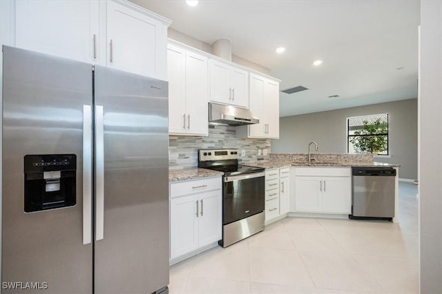 kitchen with ventilation hood, white cabinets, kitchen peninsula, and appliances with stainless steel finishes