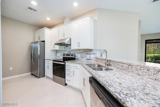 kitchen with light stone countertops, white cabinetry, sink, stainless steel appliances, and decorative backsplash