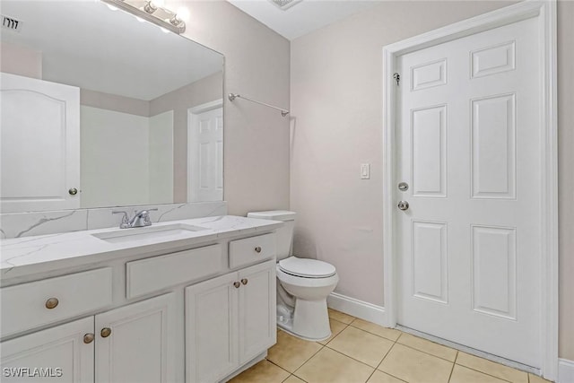 bathroom with tile patterned flooring, toilet, visible vents, vanity, and baseboards