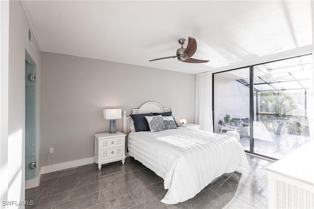 bedroom featuring ceiling fan and access to outside