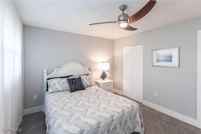 bedroom featuring ceiling fan and a closet