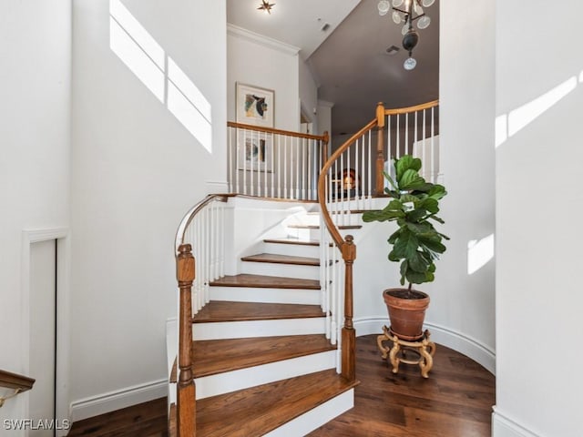 stairs featuring hardwood / wood-style flooring and crown molding