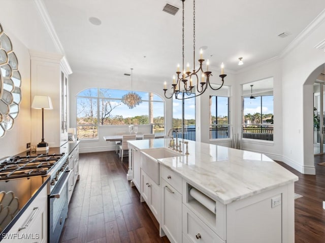 kitchen with sink, white cabinets, a kitchen island with sink, stainless steel range, and light stone counters