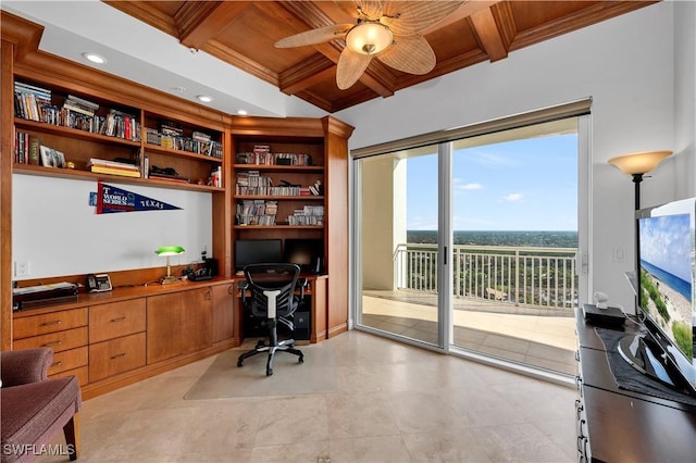 office space featuring beam ceiling, ceiling fan, wood ceiling, and coffered ceiling