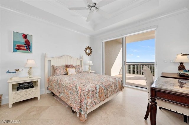 bedroom with access to outside, ceiling fan, and crown molding