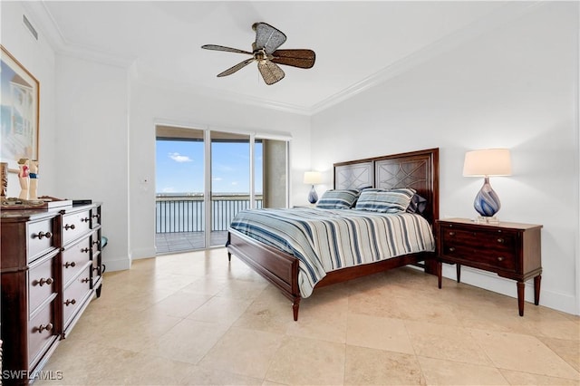 bedroom with access to exterior, ceiling fan, and crown molding