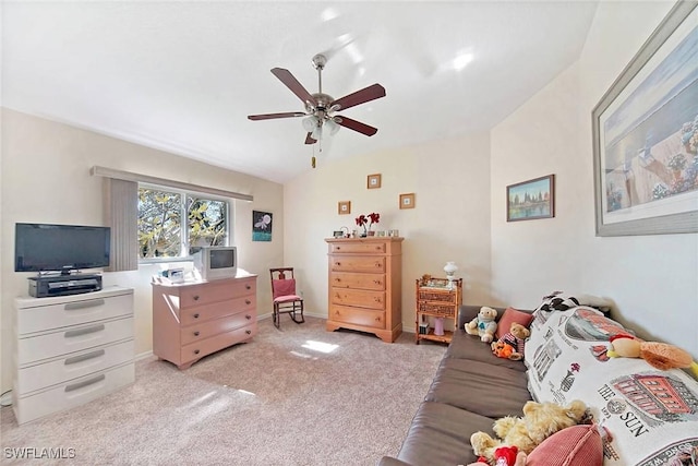 bedroom with ceiling fan and light colored carpet