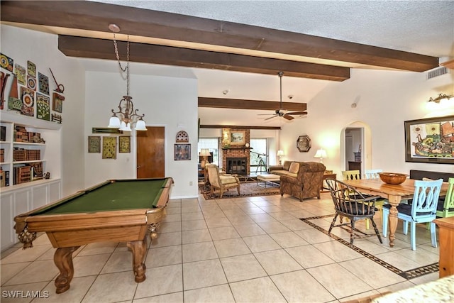 game room featuring ceiling fan, light tile patterned floors, a fireplace, and pool table