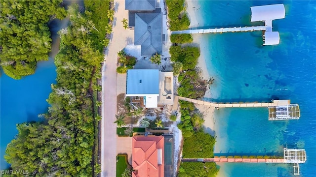 drone / aerial view featuring a water view