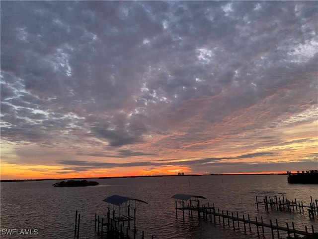 view of dock with a water view