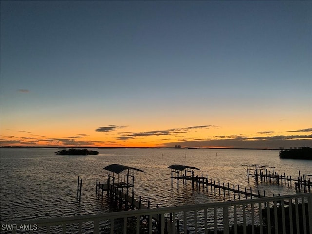 view of dock with a water view