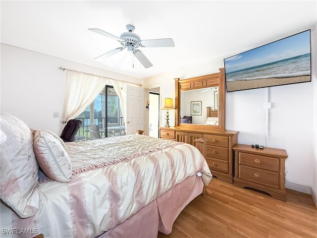 bedroom with access to outside, ceiling fan, and light hardwood / wood-style flooring