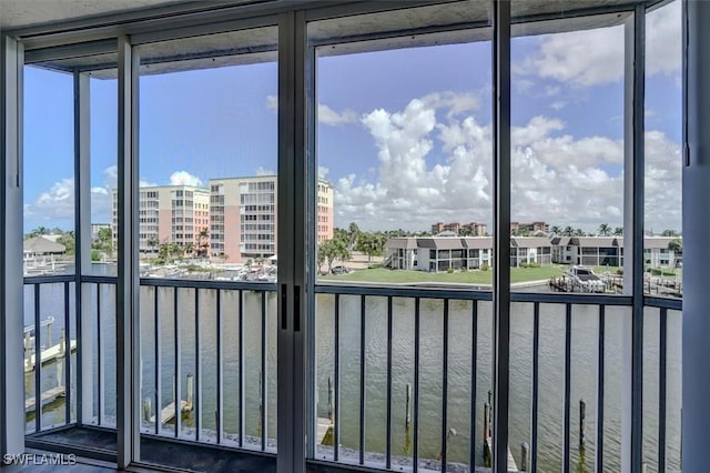 interior space featuring a water view