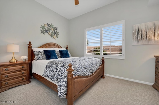 bedroom featuring a ceiling fan, carpet flooring, and baseboards