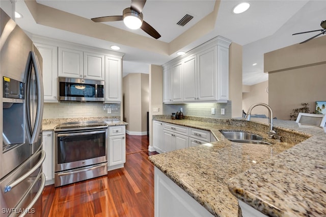 kitchen with appliances with stainless steel finishes, a tray ceiling, white cabinets, light stone counters, and sink