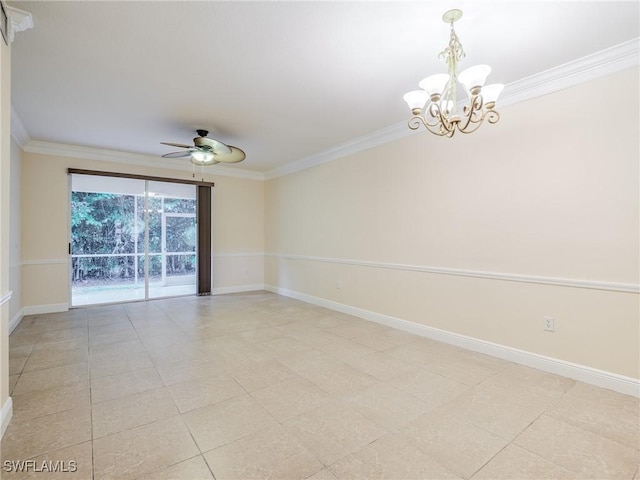 spare room with ceiling fan with notable chandelier, light tile patterned floors, and crown molding