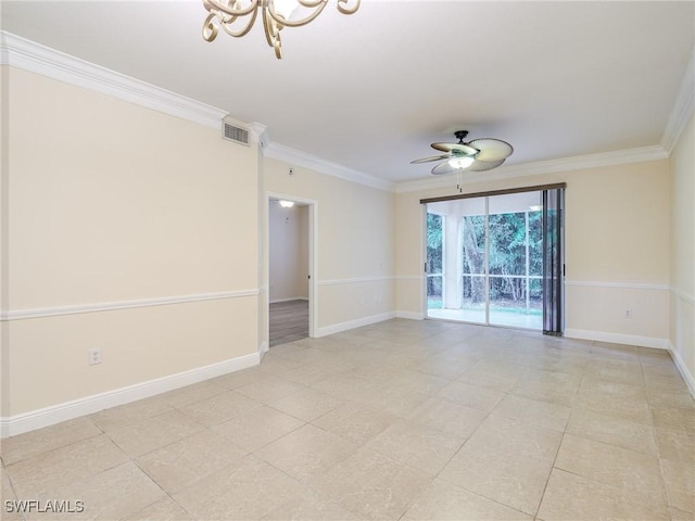 unfurnished room with light tile patterned floors, ceiling fan with notable chandelier, and ornamental molding