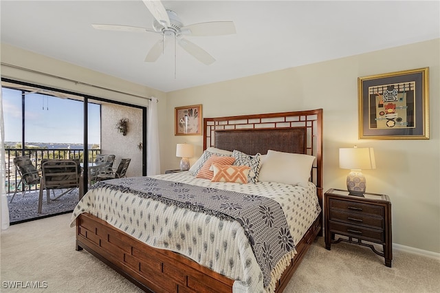 carpeted bedroom featuring access to outside and ceiling fan