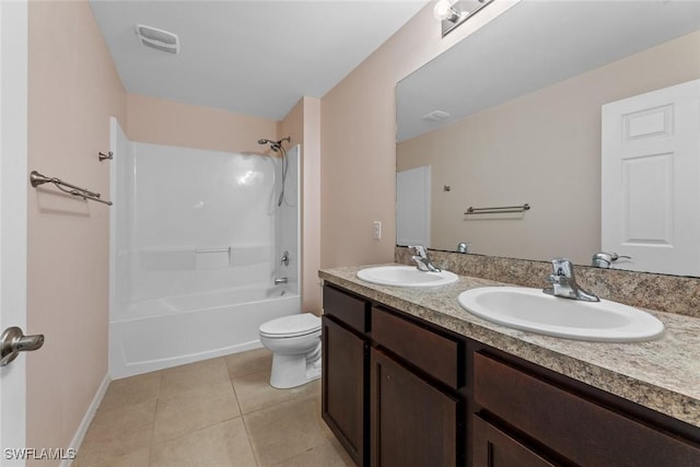 full bathroom featuring tile patterned flooring, vanity, toilet, and shower / bathtub combination