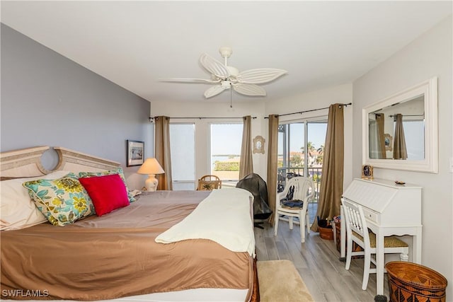 bedroom with access to exterior, ceiling fan, and light hardwood / wood-style floors