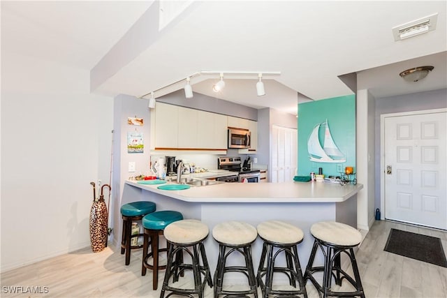 kitchen featuring kitchen peninsula, light hardwood / wood-style flooring, stainless steel appliances, and sink