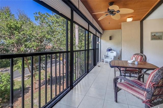 sunroom with ceiling fan and wood ceiling