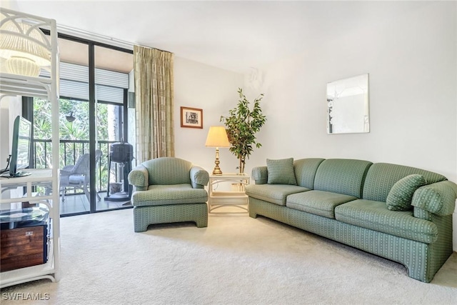 living area with a wall of windows and carpet