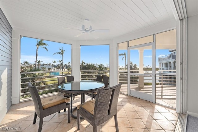 sunroom with ceiling fan and wood ceiling