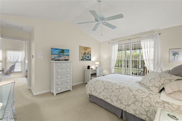 carpeted bedroom featuring access to exterior, ceiling fan, and lofted ceiling